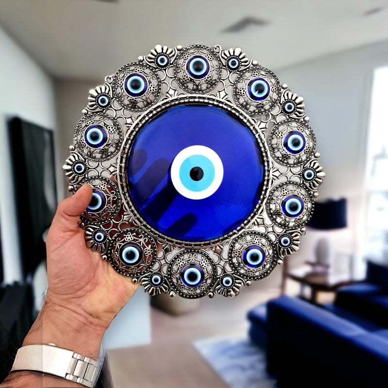 Erbulus Blue Turkish Glass Evil Eye Wall Hanging Ornament - Large Metal Home Decor - Nazar Bead Amulet - Housewarming Gift - Image 3
